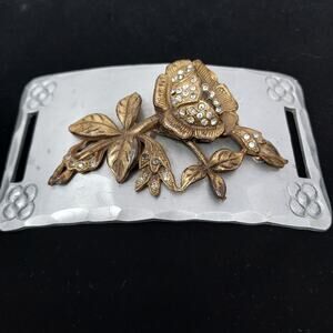 Art Deco Belt Buckle Brass Rose on Pewter Signed Circa 1920s Fits 1" Wide Belt